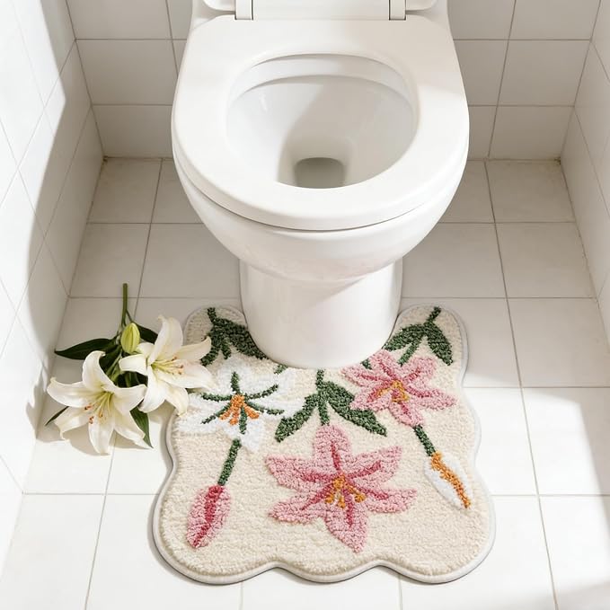 Lily Flower U-Shaped Toilet Mat, Romantic Floral Non-Slip Bath Rug with Wave Edge Design, Soft Absorbent Microfiber Floor Mat for Toilet Base, Machine Washable Bathroom Decor 20x22 (U-Shaped Lily) | Romantic Floral, Non-Slip Bath Rug, Wave Edge Design,...