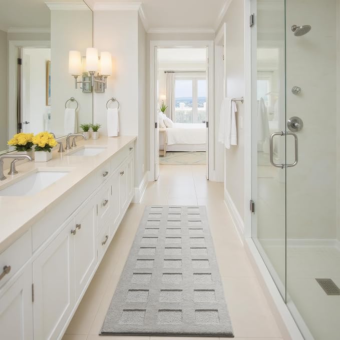 GRANNY SAYS Long Bathroom Rugs Non Slip Washable, Extra Soft & Water Absorbent Bath Mats for Bathroom, Plush Shaggy Bath Carpet, Grey Waffle Bath Mat Quick Dry for Shower 71" x 24" Bath Runner Rug