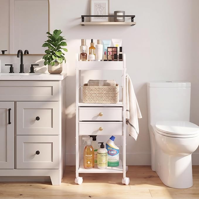 Makeup Organizer Cart with Drawers & 8 Dividers, Rolling Beauty Cart with Hooks for Cosmetics & Skincare, Space Saving Vanity Storage for Bathroom, Bedroom & Small Spaces (White)