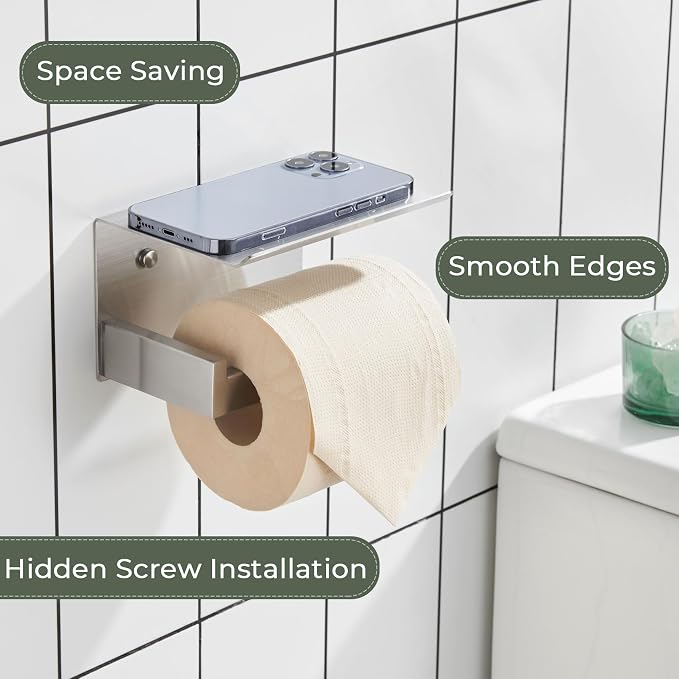 KOKOSIRI Toilet Paper Roll Holder Brushed Nickel Toilet Paper Holder with Shelf Stainless Steel Bathroom Dispenser Wall Mounted, B2010BR