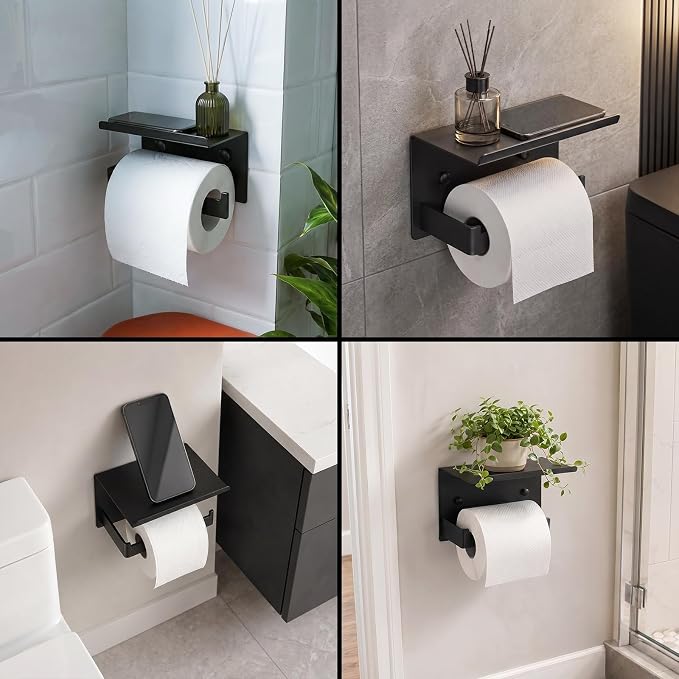 Matte Black Toilet Paper Holder with Shelf | No-Drill Adhesive Wall Mount, Rustproof,For Bathroom, Washroom, RV, Kitchen, Washroom, Convenient Storage Shelf