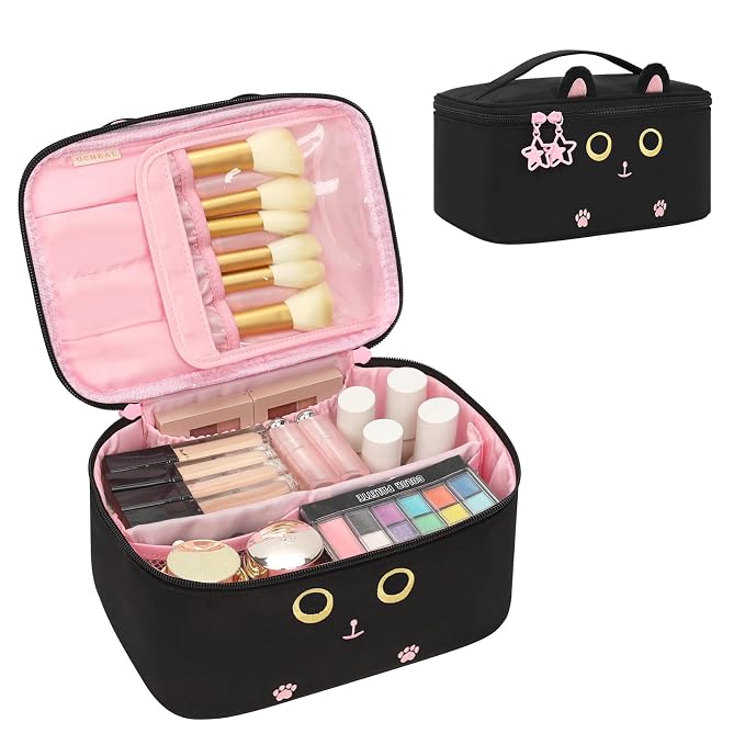 Makeup Bag,Travel Makeup Organizer Bag, Cute Cosmetic Bags for Women Girls Travel Toiletry Bag Traveling With Brush Slot And Divider-Cat