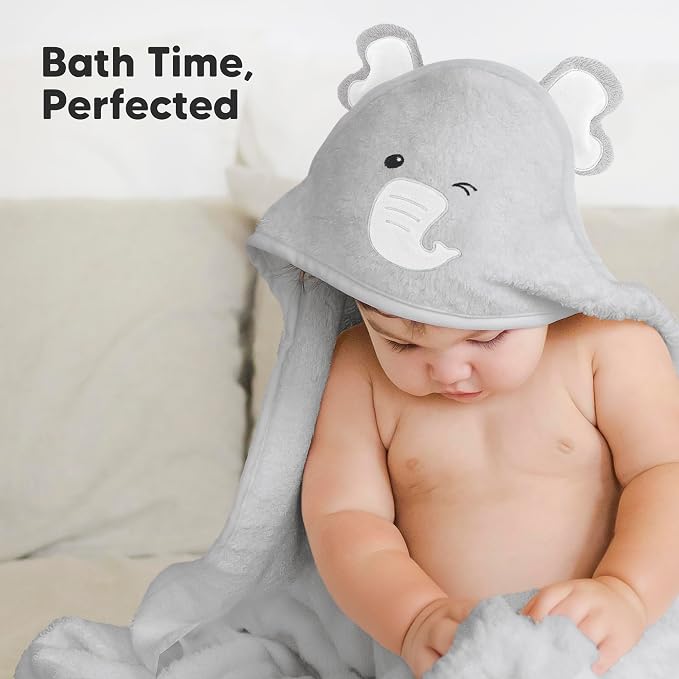 KeaBabies Hooded Baby Towel for Newborn, Baby Bath Towels (Elephant, 30x30) | Viscose Derived from Bamboo, Large Baby Towels with Hood, Boys, Girls, Toddler, Soft Absorbent Baby Bath Essentials