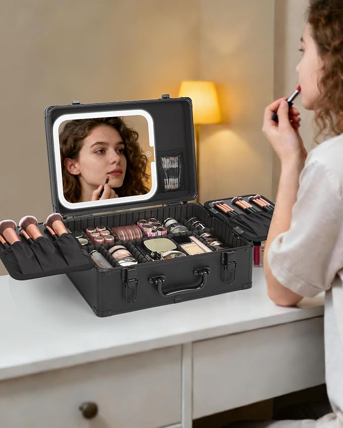 Relavel Makeup Case, Makeup Bag with LED Mirror Makeup Organizer Large Cosmetic Bags Travel Train Case for Women, Portable Vanity Makeup Box with Rechargeable Light up Mirror and Adjustable Dividers