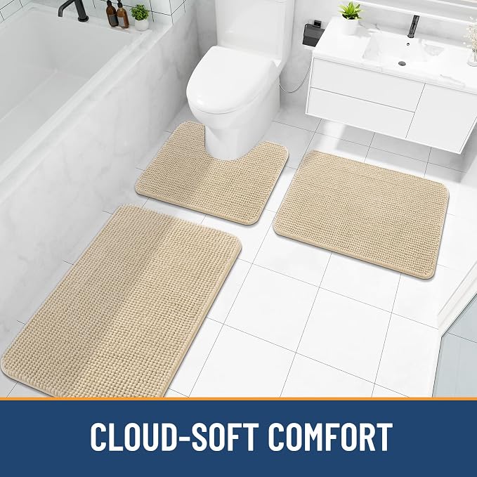 Arotive Chenille Bathroom Rugs 59x35, Soft Absorbent Bath Mat, Beige | Rubber Backing, Machine Washable Dry Bath Mats for Bathroom Floor, Tub and Shower, Home Decor Accessories