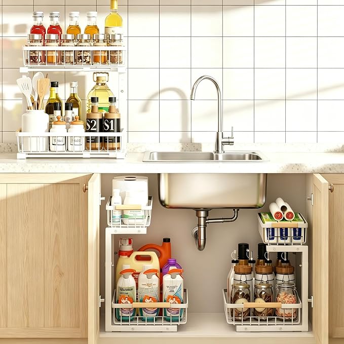 Under Sink Organizer, White 2 Pack Height Adjustable | 2 Tier Pull Out Drawer, Under Sink Organizers and Storage, Cabinet Storage for Kitchen Bathroom