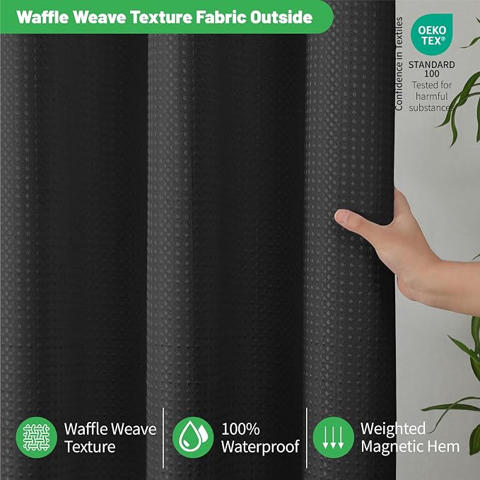 No Hook long Waffle Shower Curtain, No Liner Needed, 71x86 Inch, Black | 100% waterproof TPU-laminated backing, magnetic weighted hem, machine washable, shower curtain set for bathroom or hotel use