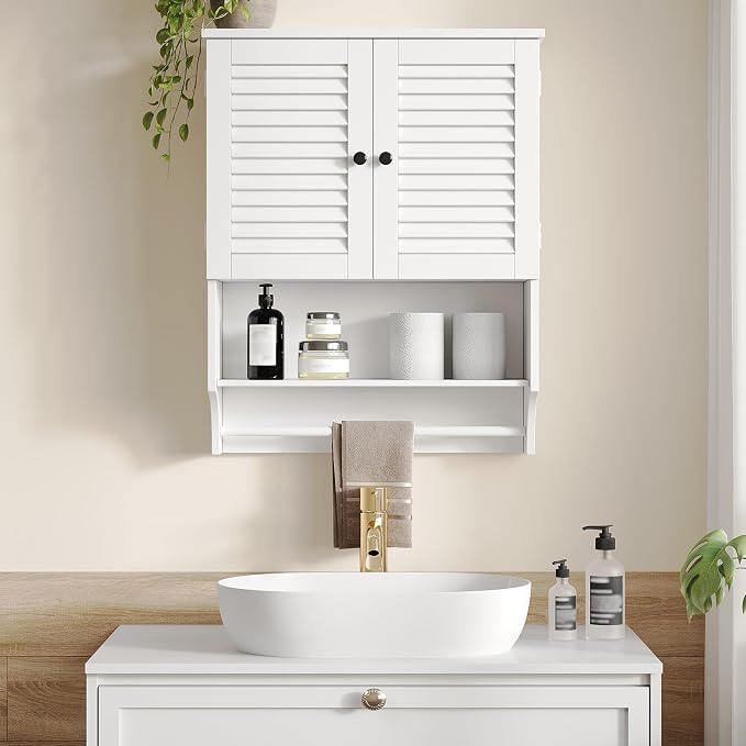 ChooChoo Bathroom Wall Cabinet with Towel Bar and Ample Storage | 23.6"L x 7.9"W x 27.5"H MDF Medicine Cabinet, Over The Toilet Space Saver Storage Cabinet with Adjustable Shelf, White