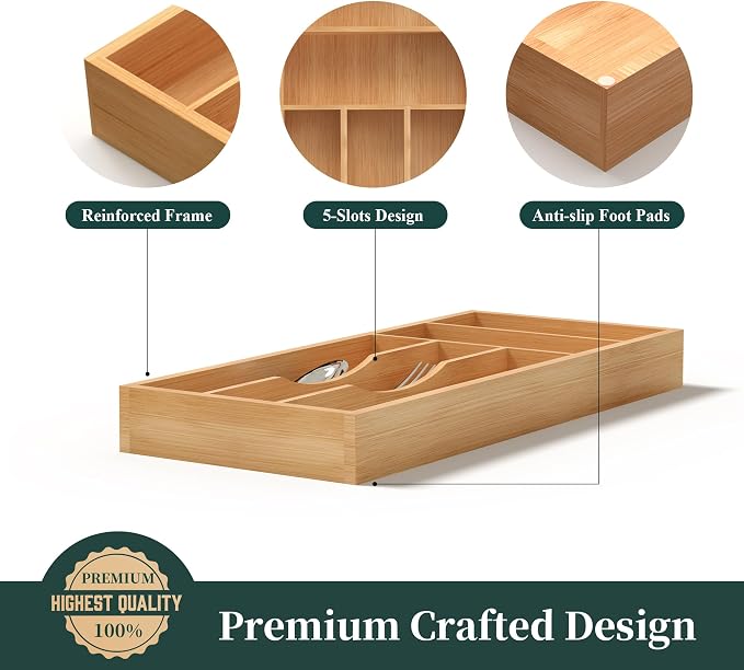 Silverware Organizer, Bamboo Kitchen Drawer Organizer, Utensil Holder, Cutlery Tray & Spoon Flatware Storage with Grooved Drawer Dividers (6.7''W x 15.5''D)