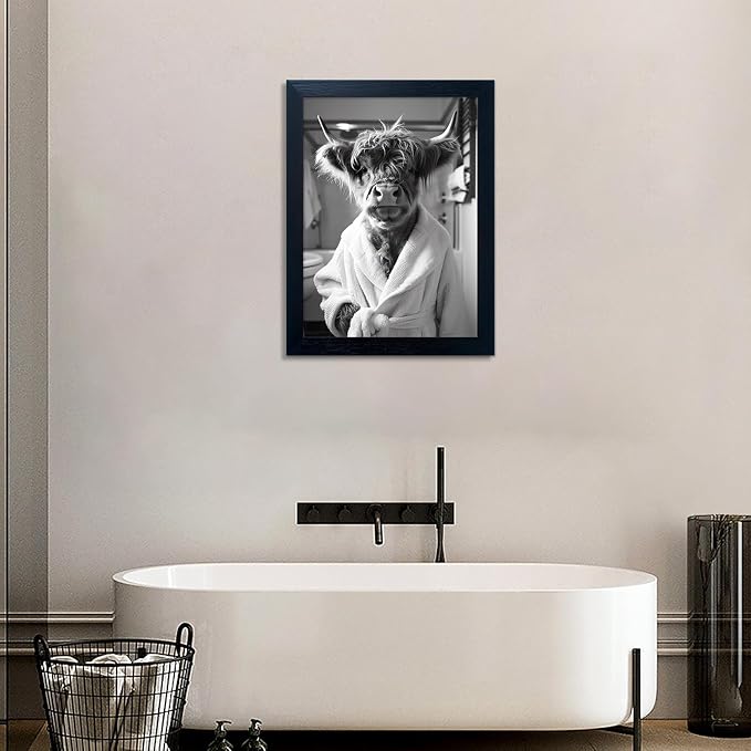 Highland Cow Brushing Teeth Bathroom Wall Decor, Black and White Cow Bathroom Wall Art, Framed Funny Cow Pictures Guest Restroom Decor