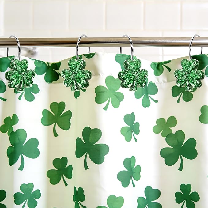 12Pcs St. Patrick's Day Glitter Shamrock Shower Curtain Hooks | Glitter Shamrock Design, Durable Resin Metal, Easy Installation, Versatile Use, and 12Pcs Set Perfect for Holiday Decor