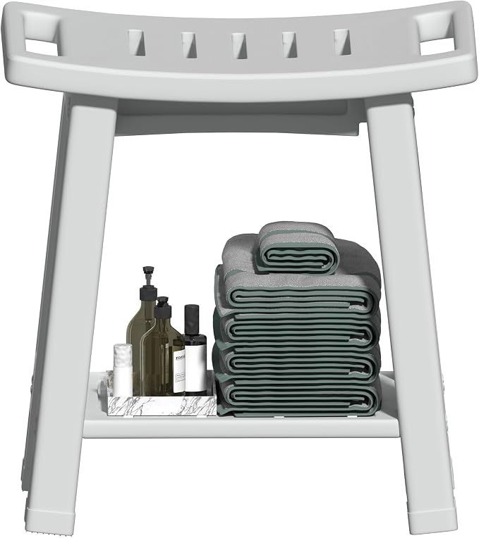 Shower Chair for Inside Shower, Shower Stool with Anti-Slip Foot Covers hold 400 lbs, HDPE Bath Seat with Bottom Storage Rack & Portable Armrest, Bench Chair for Adults, Elderly & Disabled, Light Gray
