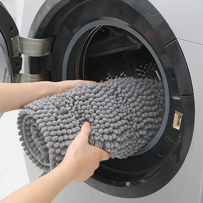 Striped Light Grey Bathroom Rug Mat 32"x20" Ultra Soft, Non Slip Chenille Bath Rugs, Absorbent Plush Shaggy Bath Mats for Bathroom, Bedroom, Kitchen, Shower, Tub,Light Gray