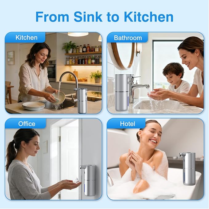 Fachixy Automatic Liquid Soap Dispenser Touchless, Smart Digital Display | 12.8oz/380mL, Up to 90 Days Battery Life, 6 Adjustable Level, Rechargeable, Wall Mountable IPX5 for Kitchen & Bathroom,Silver