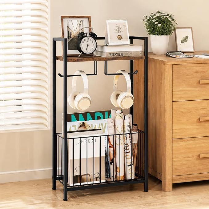 Freestanding Toilet Paper Holder with Storage, Rustic Brown | Toilet Paper Holder Stand with Wooden Shelf for Bathroom Storage, Dual Toilet Paper Roll Stand for Extra Rolls & Magazines