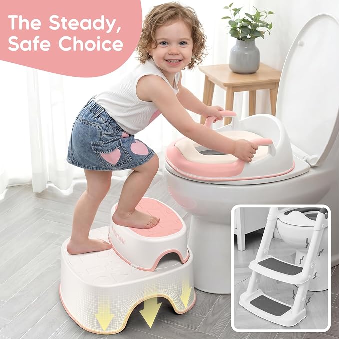 Maliton Potty Training Seat 2-in-1 with Step Stool & Anti-Slip Pink | Potty Seat + Separate Step Stool, Adjustable Fits More Toilets, Anti-Slip, Sturdy, Splash Guard, Easy clean,Boys & Girls.