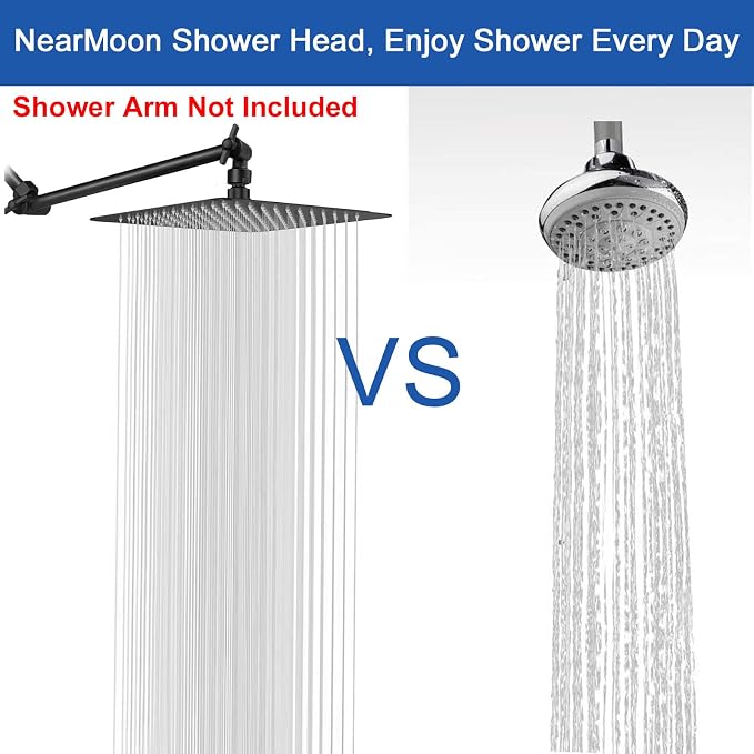 NearMoon Rain Shower Head, High Flow Stainless Steel Square Rainfall Shower, High Pressure Design, Awesome Shower Experience Even At Low Water Flow (10 Inch, Matte Black)
