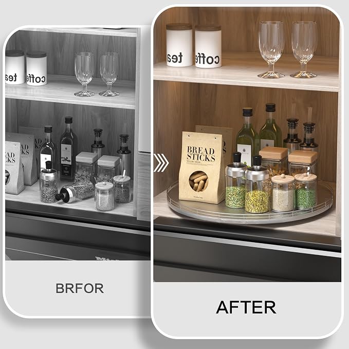 Oroyutor 18-Inch Oak Lazy Susan Organizer with Silver Iron Rail | Oak wood base, silver iron rail and smooth 360-degree rotation for dining tables, kitchen counters and spice storage.