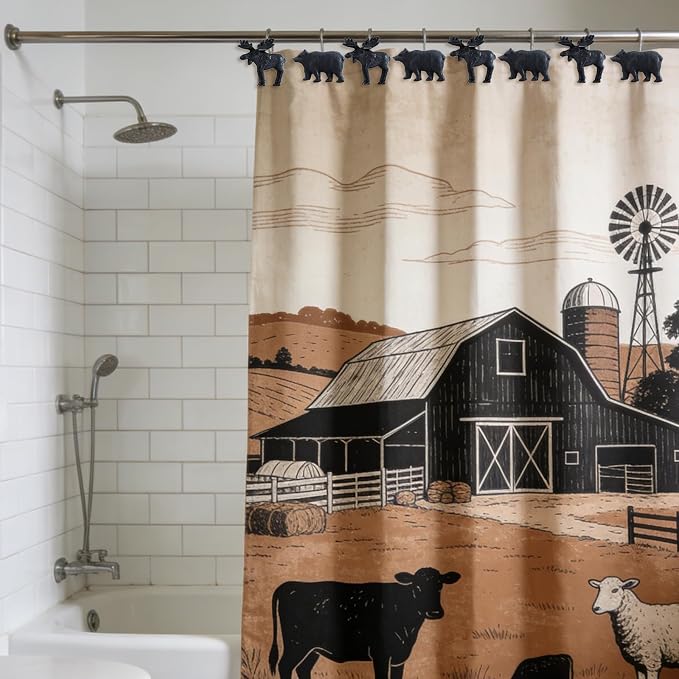 12-Piece Deer Bear Western Farmhouse Rustic Shower Curtain Hooks | Decorative Shower Curtain Hooks for Bathroom, Stainless Steel Shower Hangers Rings
