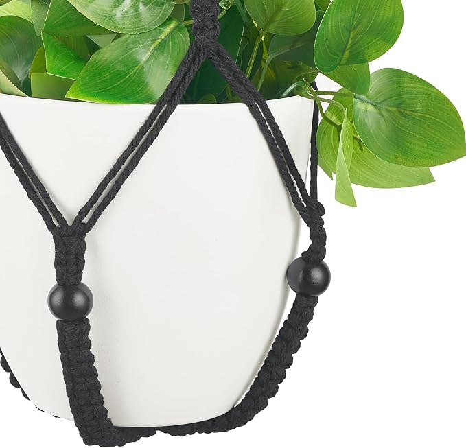 Mkono Fake Hanging Plant, Macrame Hanger with Pothos Vines & Pot, Black | Artificial Hanging Plants for Home Decor Indoor, Realistic Look, Perfect for Bedroom Bathroom Kitchen Office Boho Display