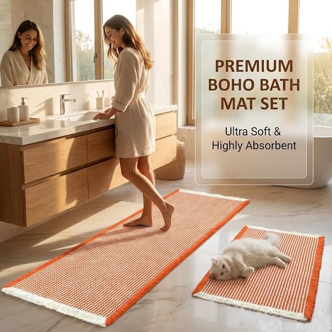Waffle Bath Mat Set 2 Piece Orange & Cream,Woven Modern Bath Rug Mats, Absorbent Non Slip Bath Floor Mat, Soft Washable Boho Bath Rugs with Tassels for Bathroom, Bedroom, Kitchen,Tub