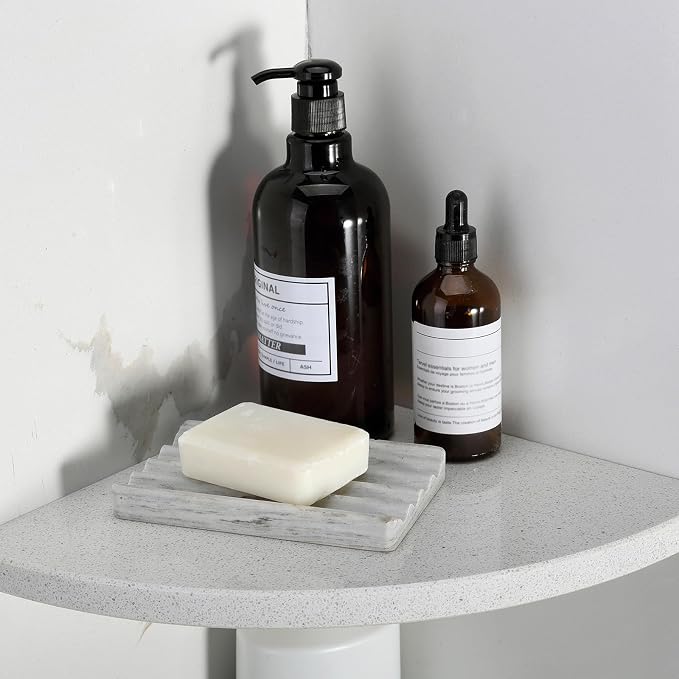 Natural Marble Corner Shower Shelf for Bathroom, 10'' Polished Marble Corner Shelves, Wall Mounted Stone Corner Shower Caddy, No Drilling Adhesive Shelf - White Cliff (No Glue Included)