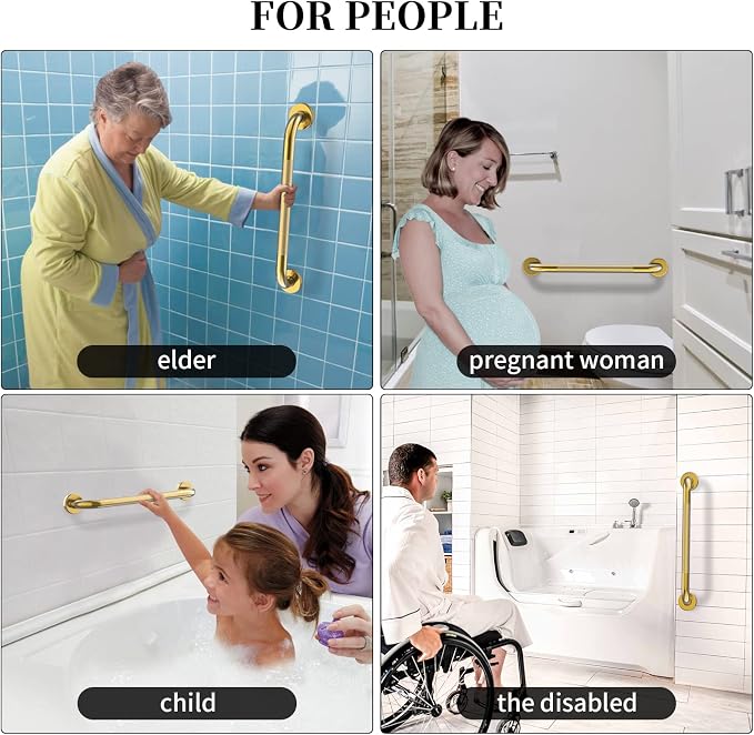 Brushed Gold Grab Bar 24 Inch, Safety Shower Handrail for Senior | Anti-Slip Knurled Grip, Stainless Steel Bathroom Assist Handle, Handicap Support Bars for Bathtub Toilet, 1.25" Diameter