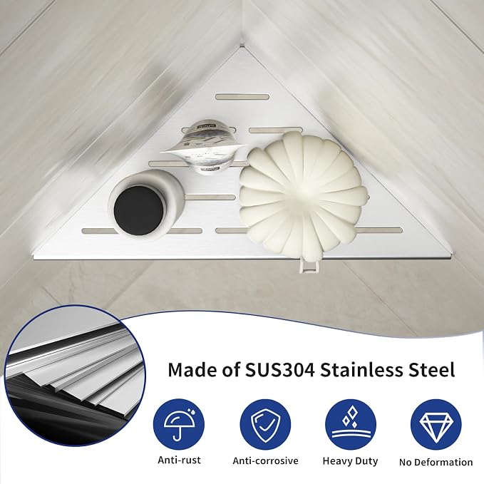Corner Shower Shelf 10" Brushed | 304 Stainless Steel, Slot Design, Recessed Corner Shelf Bathroom Grout in Shelf for Tiled Wall