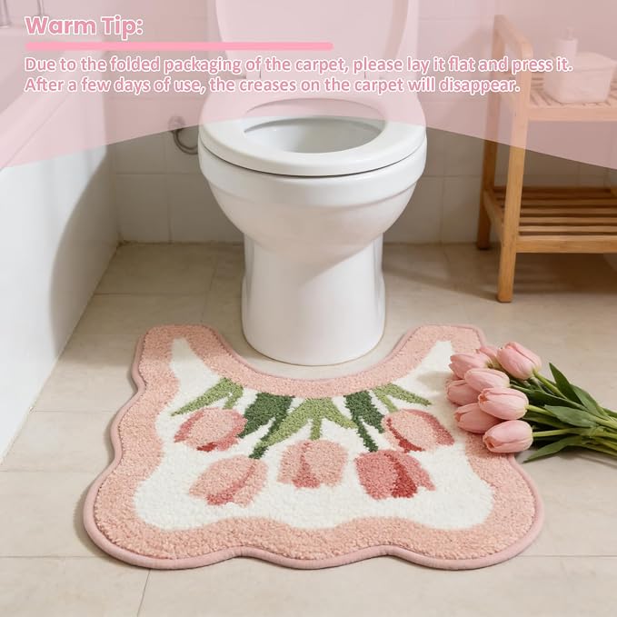 Tulip Flower U-Shaped Toilet Mat, Romantic Floral Non-Slip Bath Rug with Wave Edge Design, Soft Absorbent Microfiber Floor Mat for Toilet Base, Machine Washable Bathroom Decor (U-Shaped Pink) | Romantic Floral, Non-Slip Bath Rug, Wave Edge Design, Soft...