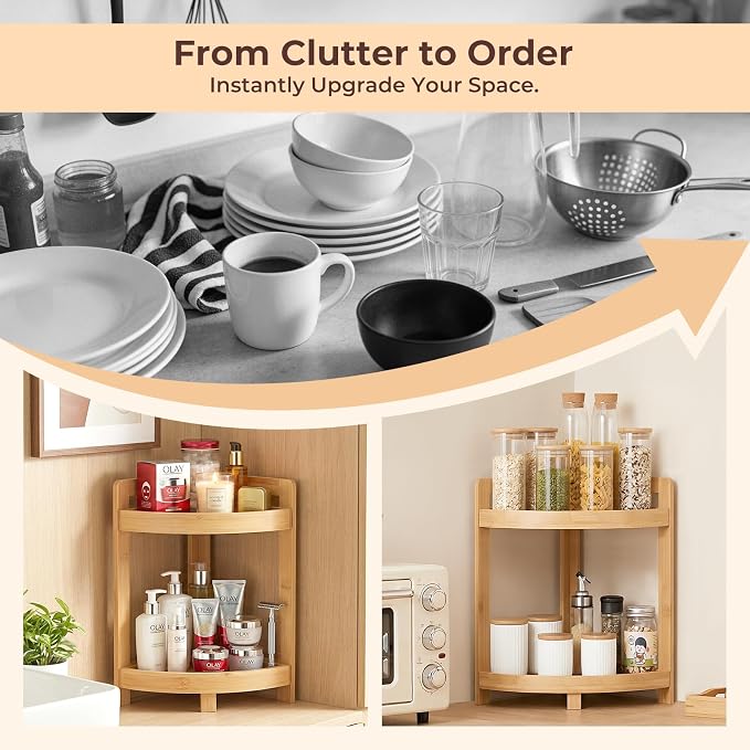 2026 New Bamboo Standing Shelf, 2 Tier Corner Shelf Stand, bathroom counter/sink organizer, Triangular Curved Corner Shelf Stand for Space-Saaving Display Ideal for Bathroom/Kitchen/Living Room