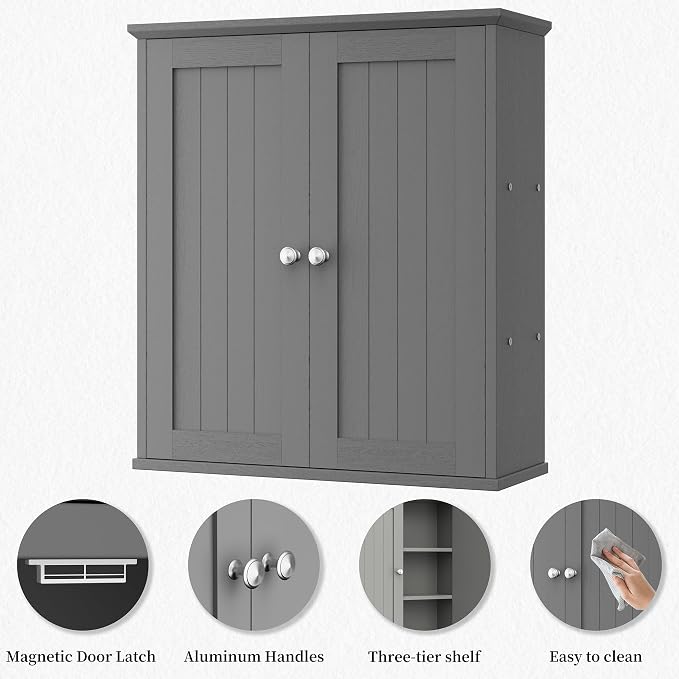 Shintenchi Bathroom Wall Medicine Cabinet, Storage Organizer, 2 Pcs, Gray | Bathroom Storage Organizer Cupboard, with 2 Magnet Door and 3-Tier Shelves, Space Saving, Easy to Assemble & Clean