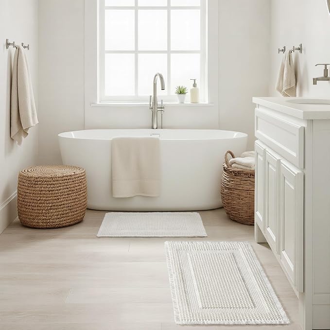 MIULEE Set of 2 Waffle Bathroom Rugs White Boho Bath Mat 17x24 in | Looped Design, Super Absorbent, Non Slip, Washable, Ultra Soft, Rubber Backed, Bathroom Mats for Floor Tub Shower