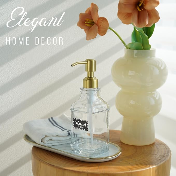JASAI Antique Square Glass Soap Dispenser with Golden Rust Proof Pump, Refillable soap Dispenser with 10Pcs Stickers for Kitchen, Dish Soap Dispenser for Kitchen Bathroom Soap, Hand soap, Lotion. | Refillable Kitchen Soap Dispenser with Stainless Steel...