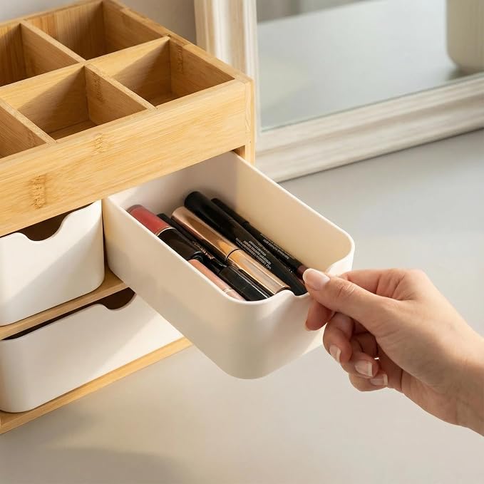 Small Bamboo Makeup Organizer(5.7" D x 8" W x 7.5" H) | Dresser Cosmetic Organizer Box Bamboo Desk Organizer for Home, Adjustable Dividers 3 Drawers