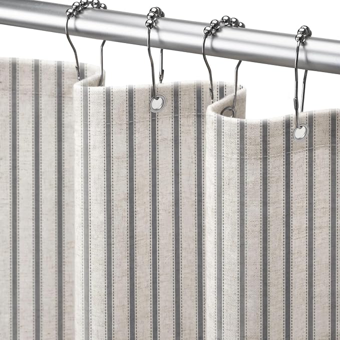 Farmhouse Striped Shower Curtain Grey Vintage Linen Curtain 60"W X 72"L | Striped Shower Curtains with Linen Texture for Bathroom Decor
