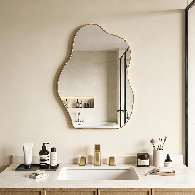 Ruomeng Irregular Wall Mirror Asymmetrical Mirror, Gold Mirror Tempered Glass for Bathroom Living Room Bedroom Entryway, Modern Decorative Wall Decor, Shatterproof, 28" x 20"