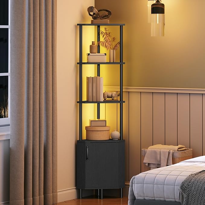 HOOBRO Corner Cabinet with LED Light, Corner Shelf Stand with Storage and Doors, 5-Tier Industrial Corner Bookshelf, 59” Tall Display Rack Shelf, for Living Room, Kitchen, Black BB147DCJ01