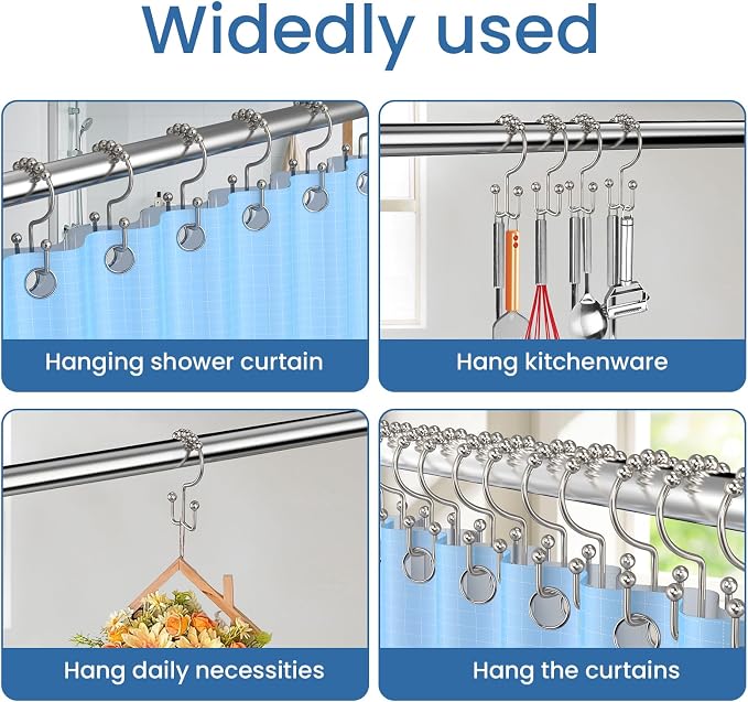 Brushed Nickel Shower Curtain Hooks Double Sided with Roller Balls | for Bathroom Rods, for Shower Curtain and Liner, Smooth Gliding, Rustproof Metal, Set of 12 Hooks