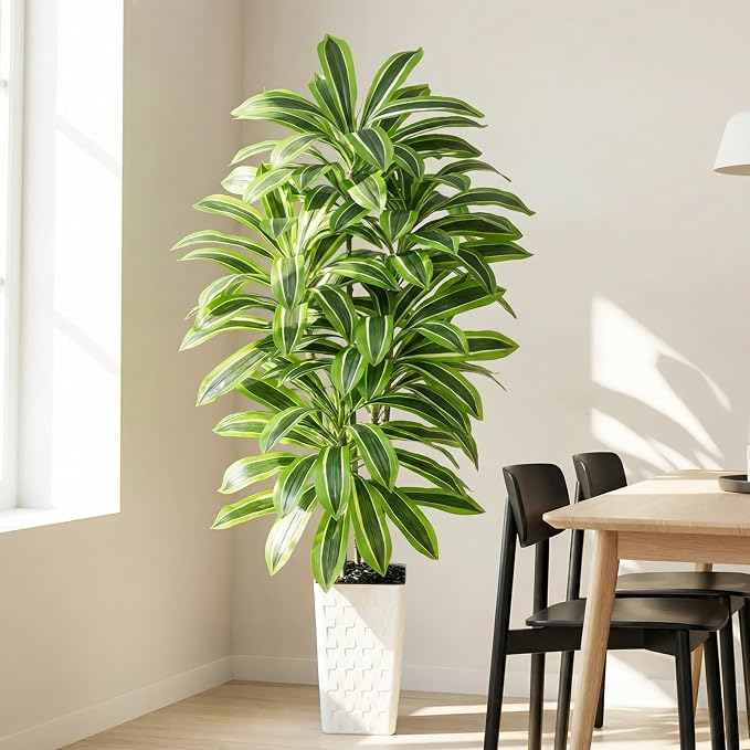 Artificial Yellow Dracaena Tree Indoor, 5FT Tall Fake Floor Plants with White Planter & Pebbles, Faux Silk Yucca Tree for Home Office Living Room Bedroom Farmhouse Modern Outdoor Topiary Tree
