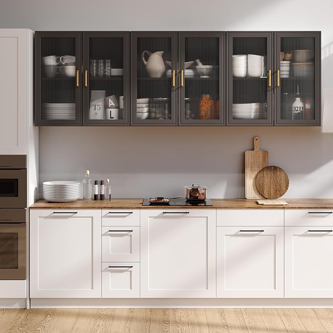 Furnaza Set of 3 Black Kitchen Wall Storage Cabinet with Adjustable Shelf | Upper LED Wall Cabinets with Acrylic Glass Doors for Bathroom,Garage,Laundry Room,72"W x 12"D x 22"H