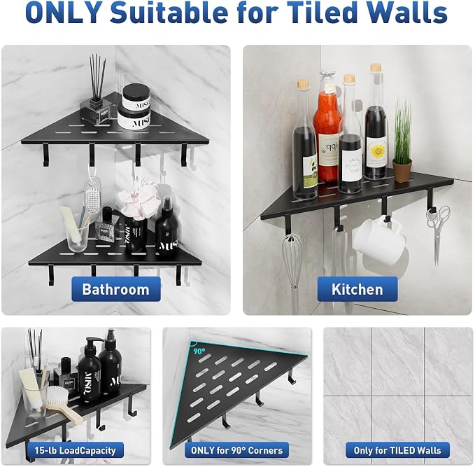 lives Corner Shower Shelves 2 Pack, 10" Black Corner Shelf for Bathroom, 304 Stainless Steel Grout in Bathroom Shower Shelf for Tiled Wall, Waterproof, Easy Install(with Hook)