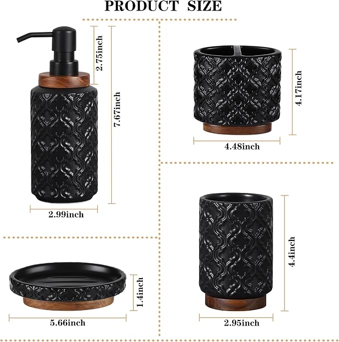 RQYIXI Ceramic 4-Piece Bathroom Accessories Set,Matte Black | Countertop Essentials Embossed Textured Design Solid Wood Non-Slip Detail Matte Black Finish