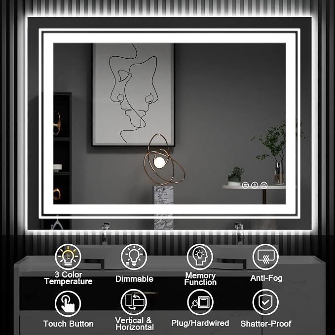 Snowdool 40 x 32 in LED Bathroom Mirror, Front and Backlit, Anti-Fog | Front and Backlit, Stepless Dimming, Anti-Fog, Memory Function