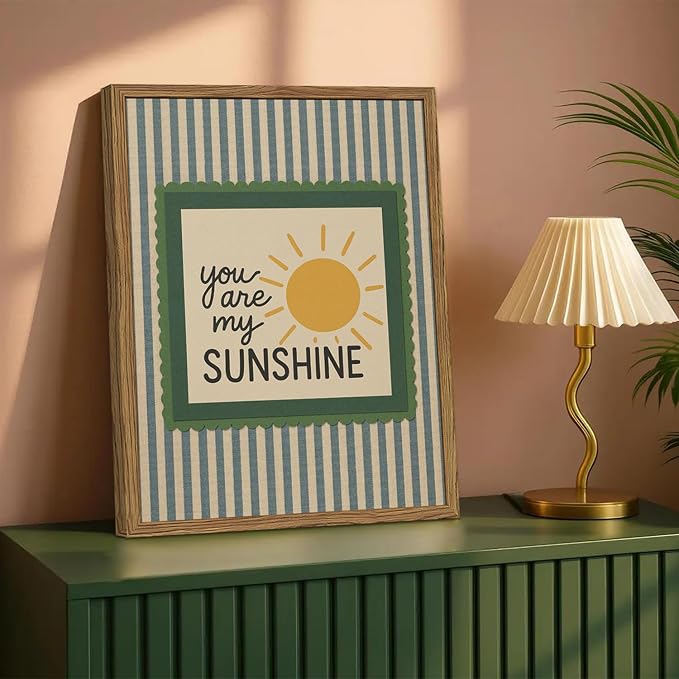You are My Sunshine Wall Art Vintage Striped Quote Sign Wall Decor Picture Cute Sunshine Nursery Poster Canvas Painting Prints for Kids Living Room Bedroom 24x16 inch Wood Framed