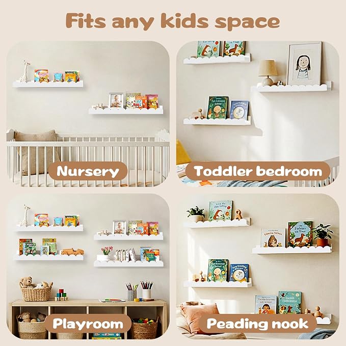 White Scalloped Nursery Shelves for Wall, 4-Pack Floating Book Shelves for Kids Room, Wall Mounted Kids Bookshelves for Bedroom, Playroom, Book and Decor Display