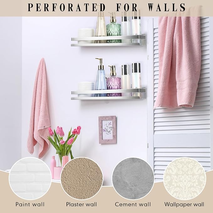 Lallisa 2 Pieces Stainless Steel Shelf Bathroom Shower Floating Shelves Wall Mounted Shower Caddy Basket Shelf Storage Organizer Shelves for Bathroom, Kitchen, Living Room(11.81 Inch/ 30 cm,Silver)