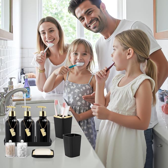 21PCS Bathroom Sets with Shower Curtain and Rugs Bathroom Accessories Set Black Bathroom Set Complete with Trash Can, Toilet Brush, Qtip Holder & 3PCS Soap Dispenser