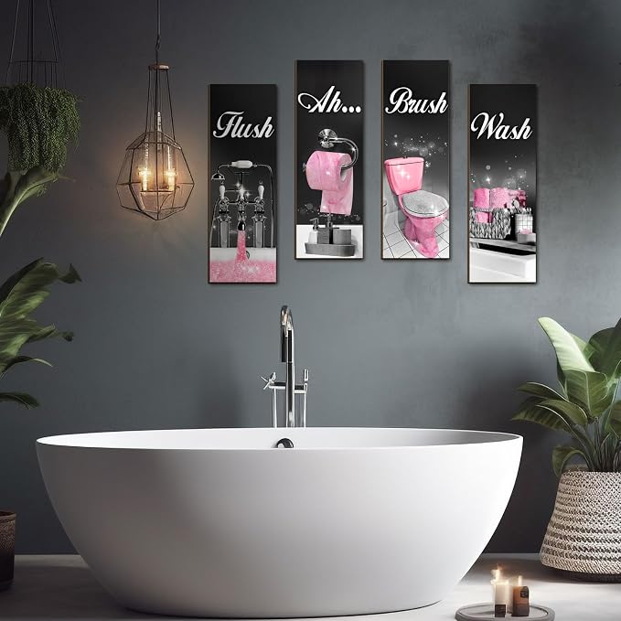 Honoson 4 Pcs Pink and Black Funny Bathroom Wall Art Decor Farmhouse Bathroom Pictures Wall Decor Wash Brush Flush Ah Wood Hanging Sign for Home Spa Laundry, 11.8 x 3.9 Inch
