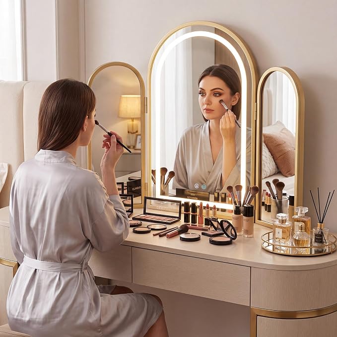 Trifold Vanity Mirrors 3 Way, 30 x 37 in Adjustable Trifold Mirror for Bathroom Bedroom, Decorative Folding 3 Sided Mirror Wall Mounted for Braiding Hair Makeup(Arched,LED, Gold)