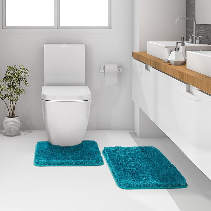 MIULEE Teal Toilet Bathroom Rug U-Shaped Microfiber Bath Mat 24x24 Inch | Absorbent, Non Slip, Quick Dry, Fluffy Bath Rugs for Bathroom Floor Tub Showers, Machine Washable